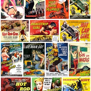 HOT ROD VIXENS - Digital Printable Collage Sheet - Dragstrip Pin-Up Girls, B-Movie Bad Girls & Drag Race Rumbles, Instant Download