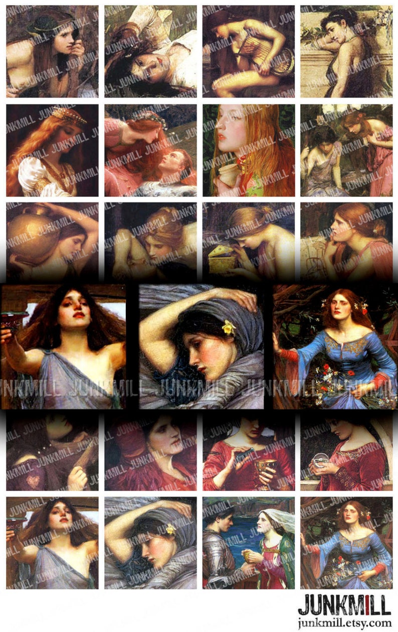 FAIR MAIDENS Digital Printable Collage Sheet Pre-Raphaelite Princesses, Renaissance Women, 1 Square or Scrabble Tile, Instant Download image 1