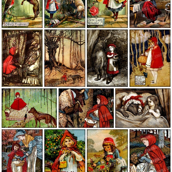 RED RIDING HOOD - Digital Printable Collage Sheet - Vintage Brothers Grimm Fairy Tale with Little Red Cap & Big Bad Wolf, Instant Download