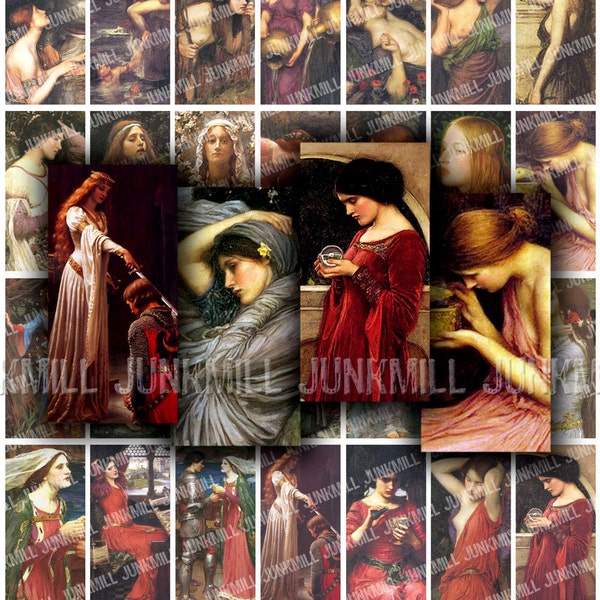 FAIR MAIDENS - Digital Printable Collage Sheet - Pre-Rapaelite Princesses, Renaissance Women, Fairy Tales, 1" x 2" Tiles, Instant Download