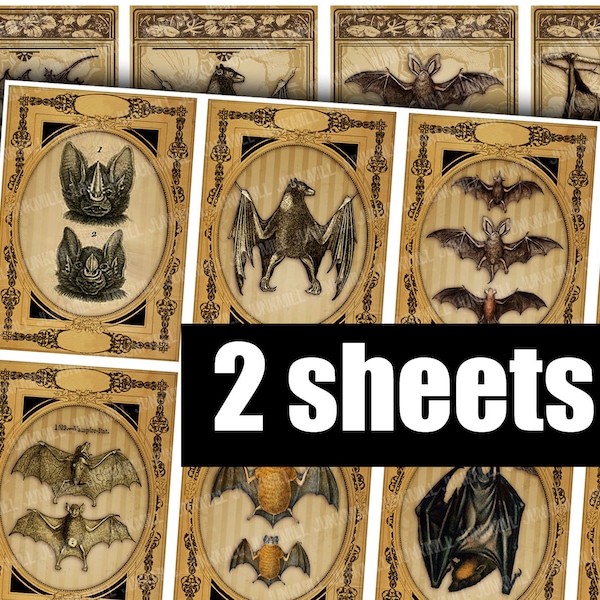 VICTORIAN BATS - Digital Printable Collage Sheet - Antique Vampire Bat Illustrations in Vintage Frames, Halloween, ATC, Instant Download