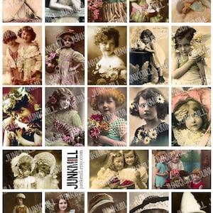 MATCHBOX BABES - digitaal afdrukbaar collageblad - grillige Victoriaanse meisjes, vintage kinderen, antieke getinte portretten, Instant Download