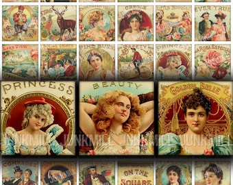 HUMIDOR - Digital Printable Collage Sheet - Vintage Rococo Cigar Box Labels, Victorian Women, 1" Square or Scrabble Tile, Instant Download