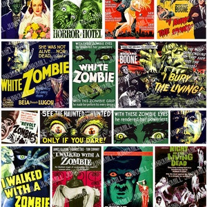 ZoMBiES - digitaal afdrukbaar collageblad - klassieke cult-horrorfilmposters, witte zombie, Dawn of the Dead, Halloween, Instant Download