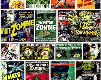 ZoMBiES - Digital Printable Collage Sheet - Cult Classic Horror Movie Posters, White Zombie, Dawn of the Dead, Halloween, Instant Download