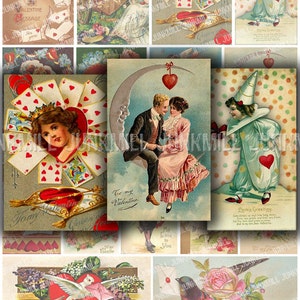 L'AMORE - Folha de colagem digital para impressão - Namorados vitorianos, casais se beijando, cartões postais vintage com anjos, corações e luas de papel