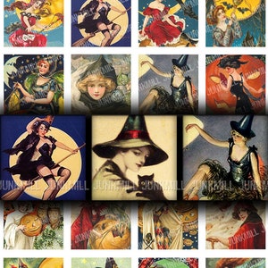 WISTFUL WITCHES - Digital Printable Collage Sheet - 1&quot; Squares & Scrabble Tiles - Vintage Victorian Halloween Witches, Digital Download