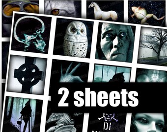 EERIE - Digital Printable Collage Sheet - 2X2 Inch, 50 mm Squares - Spooky Halloween Skeletons Black Cats Witches Occult, Digital Download