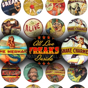 MIDWAY - feuille de collage numérique imprimable - banderoles de cirque vintage, monstres et geeks, curiosités de Coney Island, cercles de 1 pouce, 25 mm