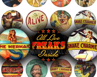 MIDWAY - Digital Printable Collage Sheet - Vintage Circus Sideshow Banners, Freaks & Geeks, Coney Island Curiosities, 1 Inch Circles, 25 mm