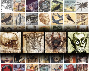 Può includere: Un collage digitale di immagini vintage di Halloween, tra cui teschi, scheletri, pipistrelli, ragni e altre immagini inquietanti. Le immagini sono disposte in una griglia e hanno un'estetica oscura e gotica.