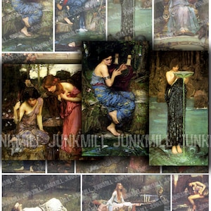 May include: A collage of nine paintings featuring women in various poses and settings. The paintings are in a romantic style, with soft colors and flowing lines. The women are depicted in a variety of poses, some standing, some sitting, and some reclining. The paintings are all set in lush, natural settings, with trees, flowers, and water.