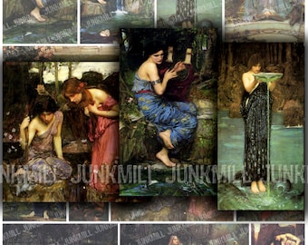 NYMPHS - Digital Printable Collage Sheet - Medievel, Renaissance & Pre-Raphaelite Paintings, Fantasy Fairy Tale Princesses, Instant Download