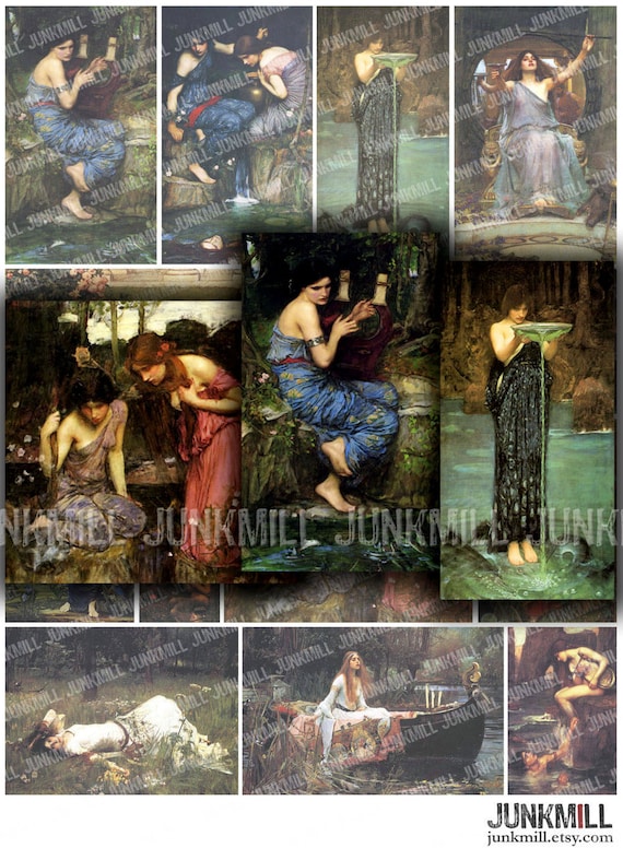 NYMPHS - Digital Printable Collage Sheet - Medievel, Renaissance & Pre-Raphaelite Paintings, Fantasy Fairy Tale Princesses, Instant Download