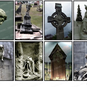 GOTHIC GRAVES - Digital Printable Collage Sheet - 2.5&quot; x 3.5&quot; ATC - Halloween Tombstones, Graveyard Cemetery Skeletons, Digital Download