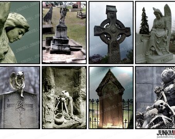 GOTHIC GRAVES - Digital Printable Collage Sheet - 2.5" x 3.5" ATC - Halloween Tombstones, Graveyard Cemetery Skeletons, Digital Download