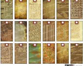 PAPER SCRAP TAGS - Digital Printable Collage Sheet - Vintage Grunge Distressed Hang Tags with Old Book Pages & Handwriting, 1.5" x 2.5"
