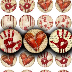 BROKEN HEARTED Digital Printable Collage Sheet Vintage Valentine's Day Hearts & Bloody Handprints, Valentine Horror, 1 Circles Download image 1