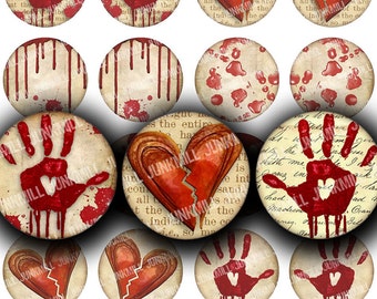 BROKEN HEARTED - Digital Printable Collage Sheet - Vintage Valentine's Day Hearts & Bloody Handprints, Valentine Horror, 1" Circles Download