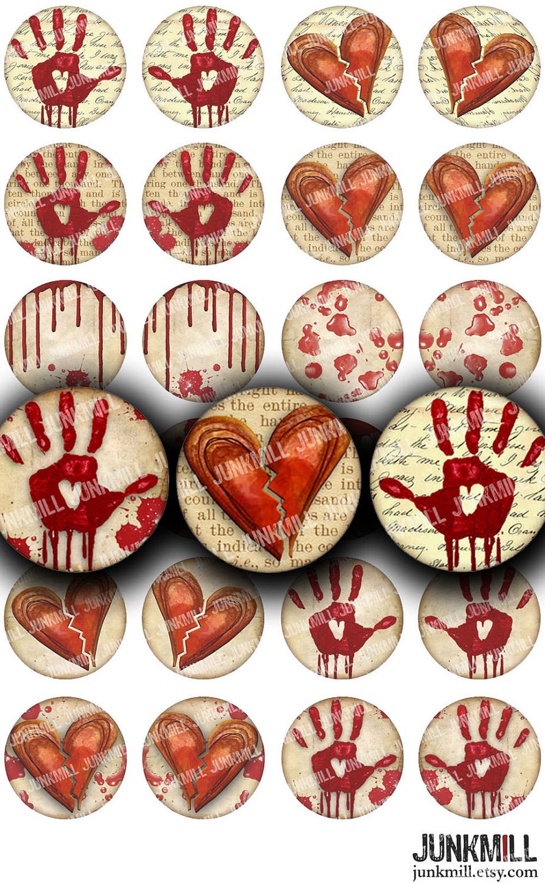 BROKEN HEARTED Digital Printable Collage Sheet Vintage Valentine's Day Hearts & Bloody Handprints, Valentine Horror, 1 Circles Download image 1