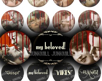 BLOODY VALENTINE - Digital Printable Collage Sheet - Kissing Couples, 1920s Silent Film Stars, Sinister Women, 1" Circles, 25 mm Round