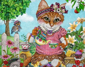 Cute Kitten Art - Cat Art Print - Tea Gifts - Cat Artwork - Cat Lover Gift - Kitten Wall Decor  Baby Girl Nursery Children Room Art Portrait