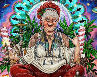 Bohemian Mrs Claus - Meditation Art - Zen Art  Christmas Decorations  Pot Smoker Gift  Santa Art - Hippy Gifts - Meditation Gift - Marijuana