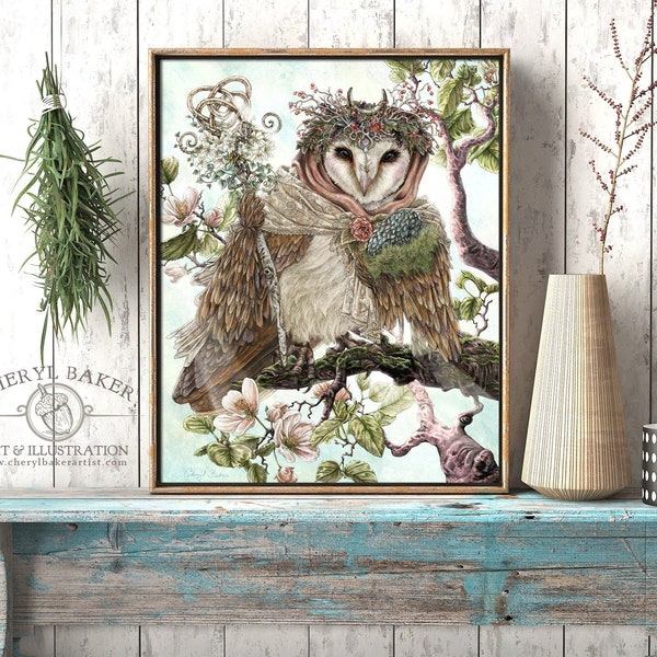 Owl Decor, Owl Art, Barn Owl, Pink Flower Wall Art, Spring Flowers, Owl Wall Art, Owl Poster, Owl Painting, Owl Print, Cottage Decor Gift