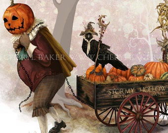 Whimsical Art - The Pumpkin King - Halloween Decor - Halloween Decoration - Pumpkin Art Print - Autumn Decor - Autumn Decorations - Crow Art