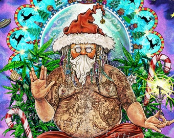 Bohemian Santa - Meditation Art - Zen Art - Christmas Decorations - Pot Smoker Gift - Santa Art - Hippy Gifts - Meditation Gift - Marijuana