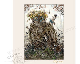 Owl Decor - Matted Art - Owl Art - Great Horned Owl - Owl Wall Art - Woodland Cottage - Country Cottage Decor Owl Home Decor Flying Owl Art