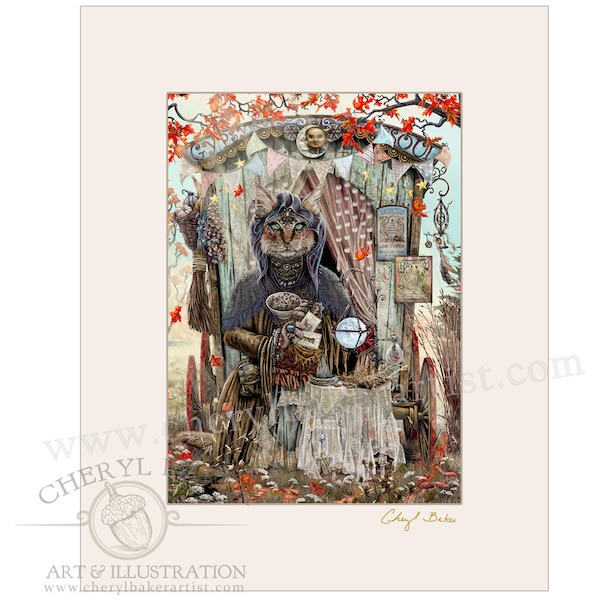 Gypsy Cat Fortune Teller - Matted Art - Gypsy Art - Gypsy Decor - Gypsy Print - Cat Art Print - Witch Art - Cat Artwork - Cat Lover Gift