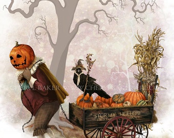 Whimsical Art - The Pumpkin King - Halloween Decor - Halloween Decoration - Pumpkin Art Print - Autumn Decor - Autumn Decorations - Crow Art