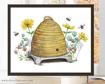 Honeybee , Bee Wall Art, Worker Bee Art, Bumble Bee Painting, Manchester Bee Artwork, Yellow Watercolor Flowers and Beehive, Home Decore Art