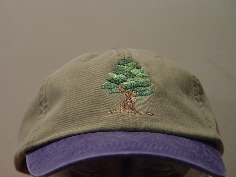 May include: A green and brown embroidered tree design on a khaki baseball cap with a purple brim.