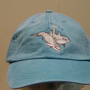 TWO DOLPHINS HAT - One Embroidered Men Women Wildlife Baseball Cap - Price Embroidery Apparel 24 Color Mom Dad Porpoise Ocean Dolphin Gift