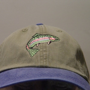 RAINBOW TROUT HAT One Embroidered Men Women Fish Wildlife Cap Price Embroidery Apparel 6 Two Tone Color Adult Mom Dad Gift Fishing Caps image 7