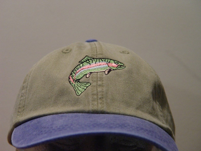 RAINBOW TROUT HAT One Embroidered Men Women Fish Wildlife Cap Price Embroidery Apparel 6 Two Tone Color Adult Mom Dad Gift Fishing Caps image 7