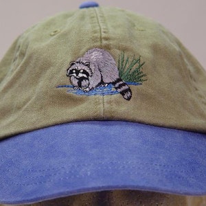 RACCOON HAT One Embroidered Men Women Wildlife Baseball Cap Price Embroidery Apparel 6 Two Tone Color Adult Mom Dad Nature Gift Caps image 1
