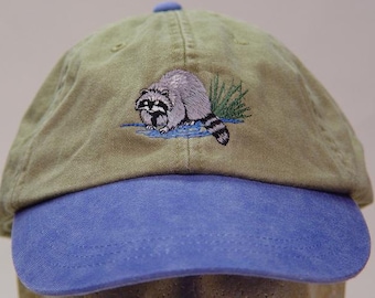 RACCOON HAT  - One Embroidered Men Women Wildlife Baseball Cap  - Price Embroidery Apparel - 6 Two Tone Color Adult Mom Dad Nature Gift Caps