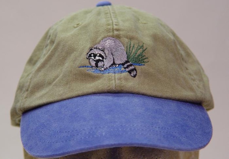 RACCOON HAT One Embroidered Men Women Wildlife Baseball Cap Price Embroidery Apparel 6 Two Tone Color Adult Mom Dad Nature Gift Caps image 1