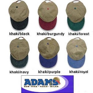 May include: Six khaki baseball caps with different colored brims. The brims are black, burgundy, forest green, navy, purple, and royal blue.