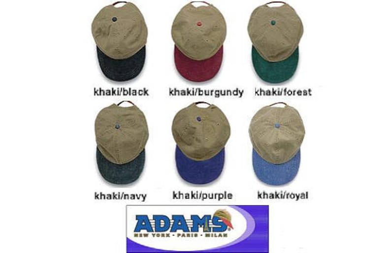 May include: Six khaki baseball caps with different colored brims. The brims are black, burgundy, forest green, navy, purple, and royal blue.