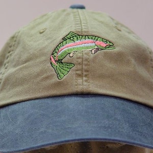 RAINBOW TROUT HAT One Embroidered Men Women Fish Wildlife Cap Price Embroidery Apparel 6 Two Tone Color Adult Mom Dad Gift Fishing Caps image 3