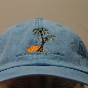 PALM TREES SUNSET Hat  Embroidered Men Women Ocean Wildlife Cap - Price Embroidery Apparel - 24 Color Mom Dad Tropical Island Gift Vacation