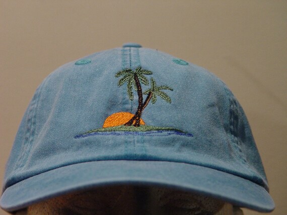 PALM TREES SUNSET Hat  Embroidered Men Women Ocean Wildlife Cap - Price Embroidery Apparel - 24 Color Mom Dad Tropical Island Gift Vacation