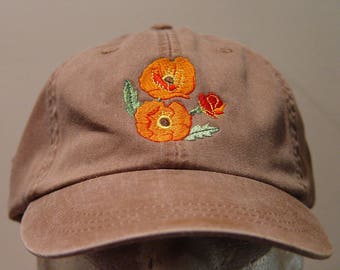 POPPY FLOWER Hat - One Embroidered Women Men Garden Baseball Cap - 24 Colors Mom Dad Gift Caps California Veteran - Price Apparel Embroidery