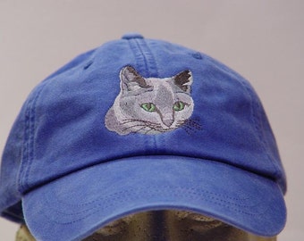Chapeau de chat bleu russe - Une casquette de baseball brodée pour homme et femme - Prix de vêtements de broderie - Casquettes pour animal de compagnie félin, maman, papa, 24 couleurs, manteau argenté