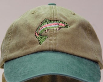 RAINBOW TROUT HAT - One Embroidered Men Women Fish Wildlife Cap - Price Embroidery Apparel 6 Two Tone Color Adult Mom Dad Gift Fishing Caps