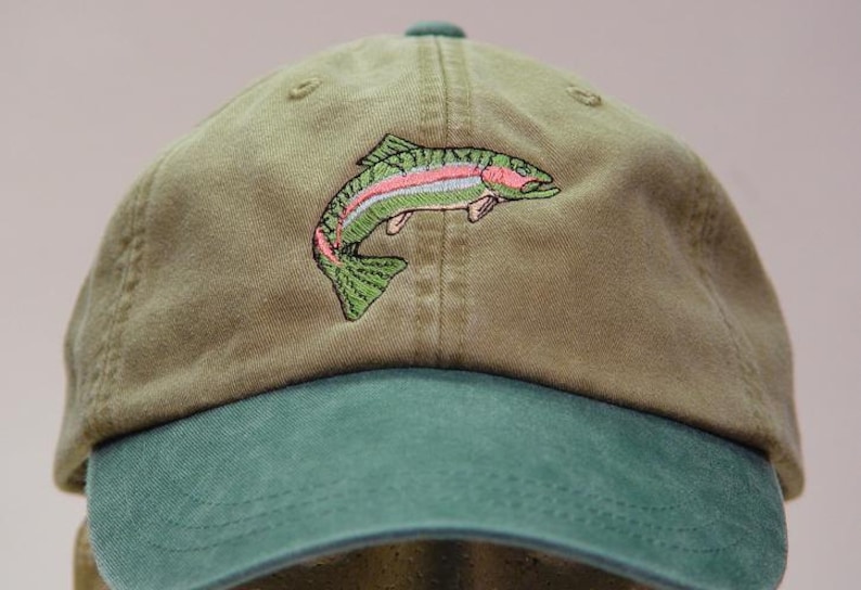 RAINBOW TROUT HAT One Embroidered Men Women Fish Wildlife Cap Price Embroidery Apparel 6 Two Tone Color Adult Mom Dad Gift Fishing Caps image 1